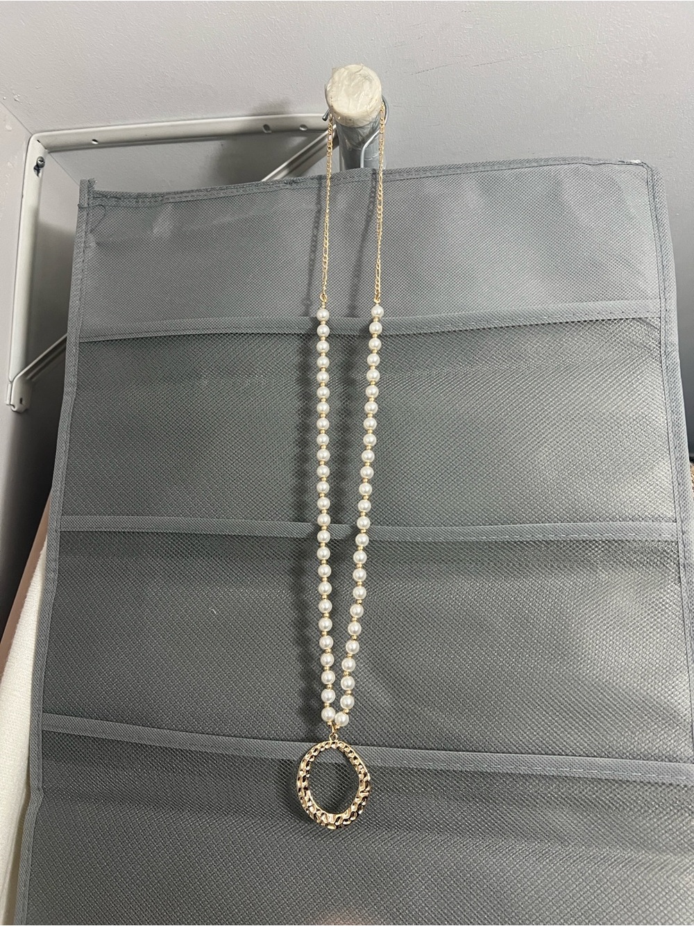 Pearl Beaded Necklace with Gold Rope Circle Pendant